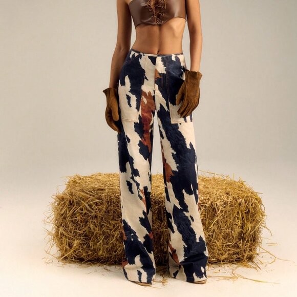 Multicolor Casual Women's Multi Colour Print cow print Straight Leg Pants - Picture 2 of 6